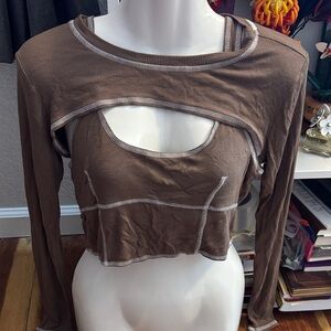 Brown Long Sleeve Cutout Top